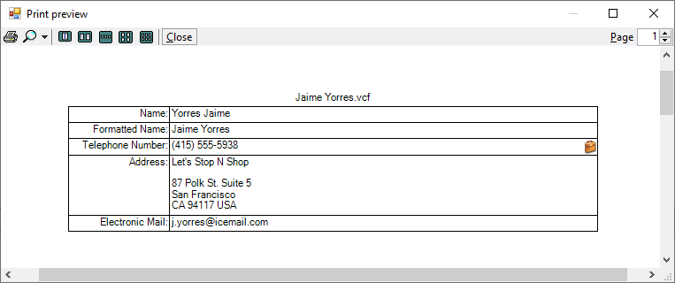 Single vCard Preview
